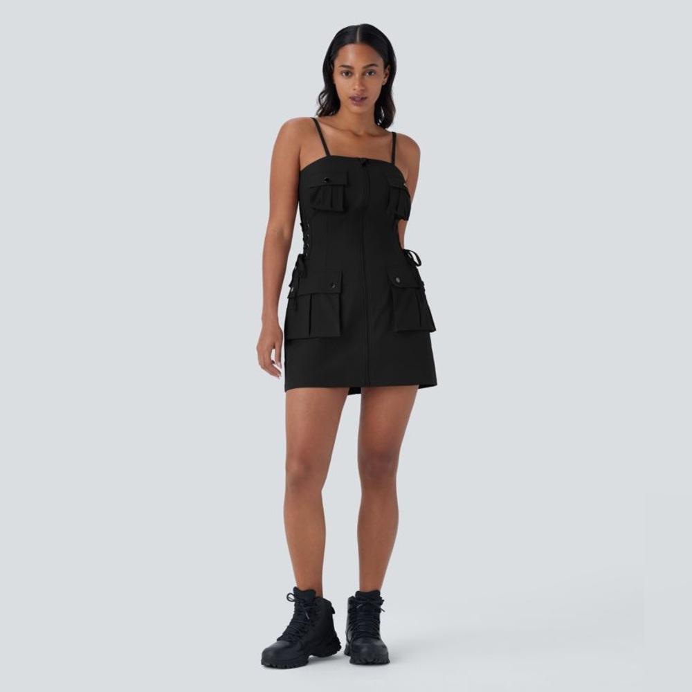 NWT HALARA Side Lace Up Twill Mini Cargo Water Repellent Dress Small Black
